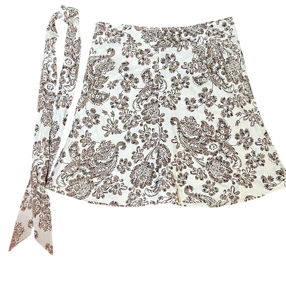 Merona Linen Mini Skirt Women's Size 6 Brown and Cream Paisley Tie Belt